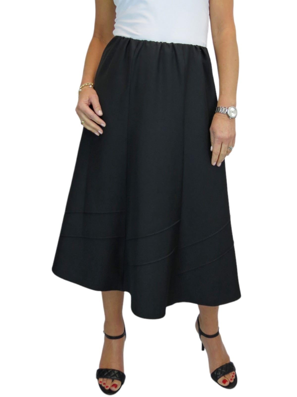 Paulo Due Smart Flared Skirt for Women UK Elasticated Waist Ladies Swing Midi Maxi Skirt Fully Lined Work Occasion Office Evening Black 10-20 (18)