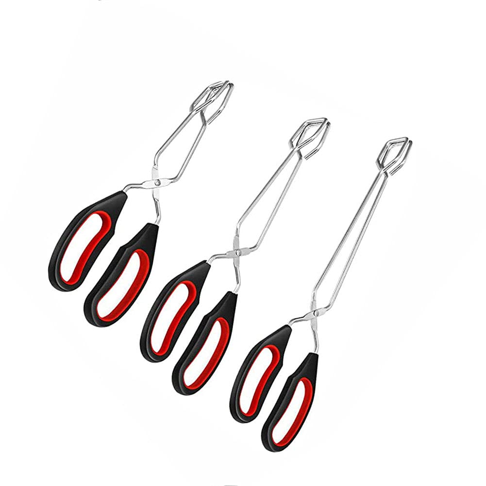 Alnicov Black/Red Scissor Tongs,3 Pieces Stainless Steel Kitchen Barbecue Scissor Tong With Silicone Handle,Barbecue Grilling Tongs Cooking Baking Bread Food Tongs,9/11/13 Inch