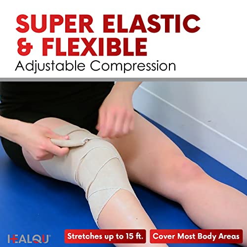 Healqu Premium Elastic Bandage - Self-Closure Compression Wrap For Legs, Knees, Ankles, Wrists, Elbows, Shoulders - 3 Inch By 5 Yards, Box Of 10 Rolls Athletic Stretchable Bandage Wrap #TOP3