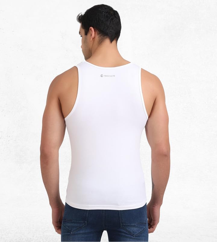 Image of Freecultr Cotton Vest for Men Sleeveless Lightweight Solid Round Neck Comfort Vest | Ultra-Soft Breathable Innerwear Sando for Gym, Sports, Workout, and Everyday Wear | Regular Fit and Durable Design