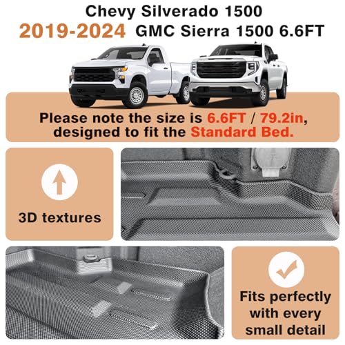 Image of TripleAliners Truck Mat Compatible with 2019-2026 Chevy Silverado 1500 / GMC Sierra 1500 6.6FT Accessories, Truck Bed Mat Heavy Duty Custom Fit All Weather Protection TPE Pickup Liner, Standard Bed
