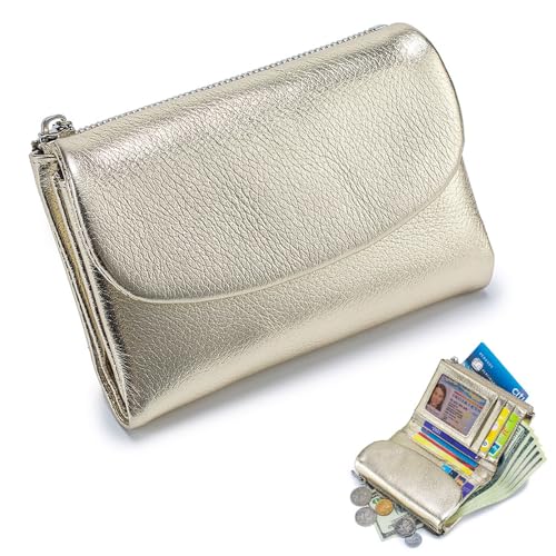 Joyfullygo Wallet, Unisex Pebble Leather Wallet, Genuine Leather Relevantk Wallets, Coin Holder & Cash Slots, Genuine Leather Wallets for Men & Women (Linen Blue) (Gold)