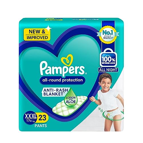 Pampers All round Protection Pants Style Baby Diapers, XXX-Large (XXXL) Size, 23 Count, Anti Rash Blanket, Lotion with Aloe Vera, 17+ kgs Diapers