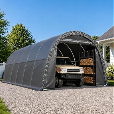 Bezseller 12x24 FT Heavy Duty Carport Canopy, All-Steel Portable Garage Tent with Round Style Roof, Outdoor Storage Shelter Shed for Cars, Trucks, Boats and Gear, Gray