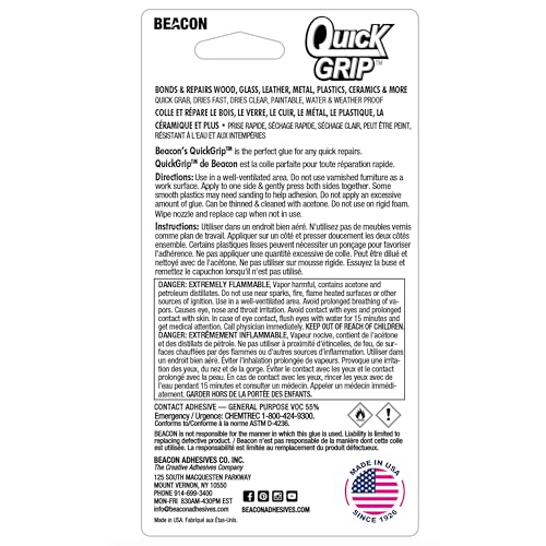BEACON Quick Grip Permanent Adhesive - Fast-Drying, Crystal-Clear & Weather-Proof Glue for Ceramics, Wood, and More, 2-Ounce - Thumbnail 2