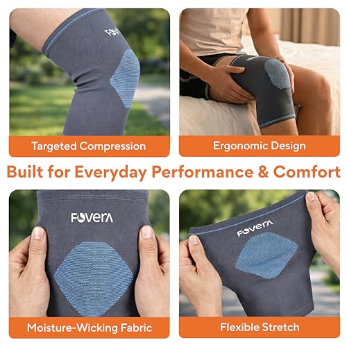 Image of FOVERA Knee Cap for Men & Women, Knee Compression Sleeve for Pain Relief, Workout, Support and Pain Relief During Sports, Gym, Squats, Running (Size - M, Grey, 1 Pair)