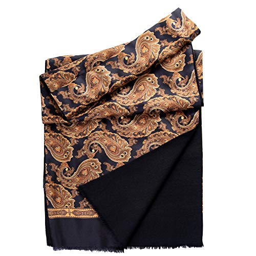 Elizabetta Men's Italian Paisley Silk Scarf - Wool Lined - Reversible - Black, Bronze, Gold