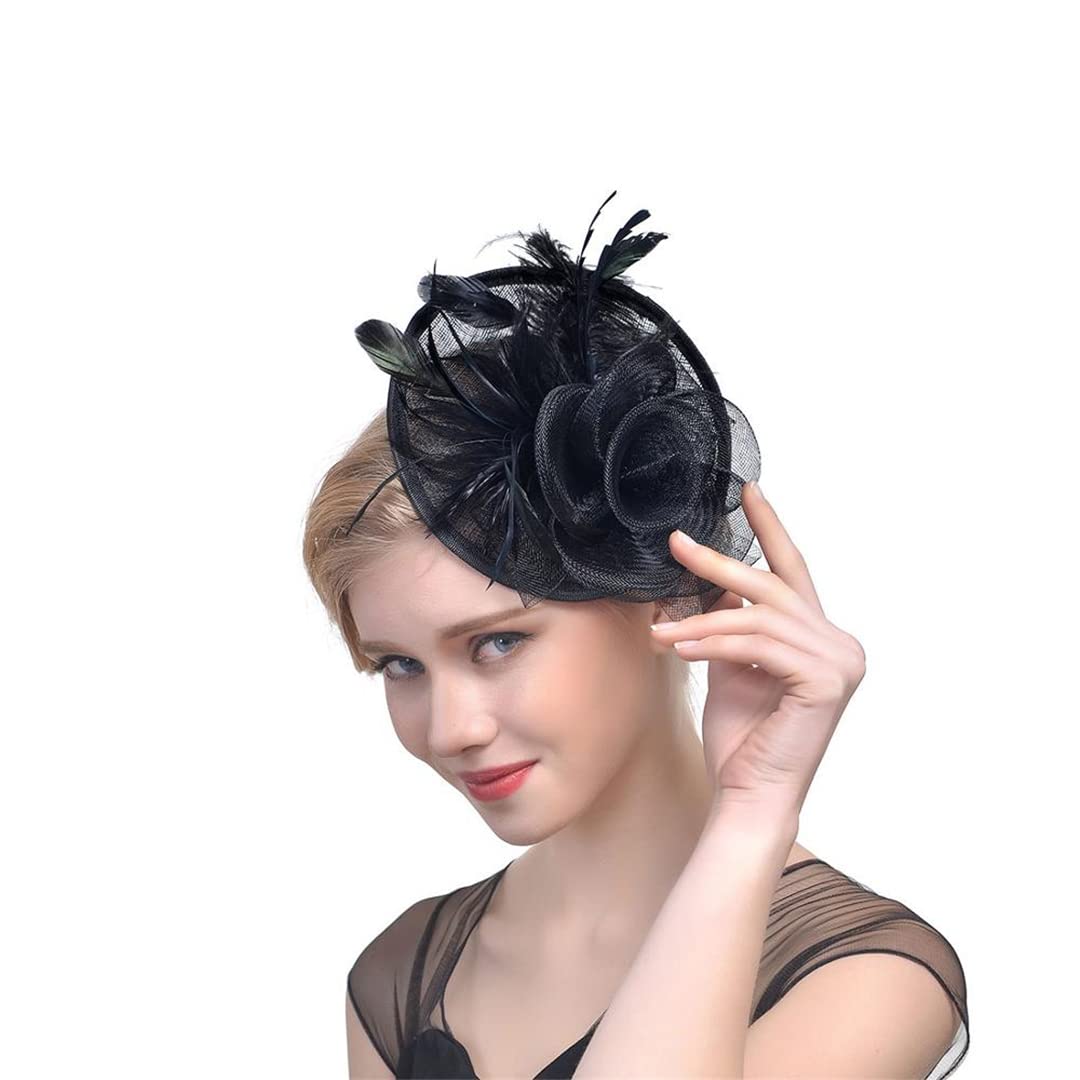 FBHappiness Fascinator Feathers Headpiece Cocktail Tea Party Headwear Flower Mesh Headwear Hair Clip For Wedding,Feather Flower Hair Clip(Black)