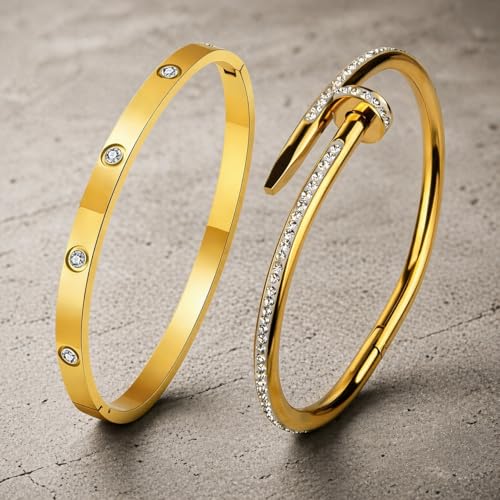 Image of MEENAZ bracelets for women Stylish Bangles for women Adjustable Anti Tarnish Bracelet for girls 2 pc gold Kada for Women Accessories Anti Tarnish Jewellery Stainless Steel Cuff Bracelet gifts Combo