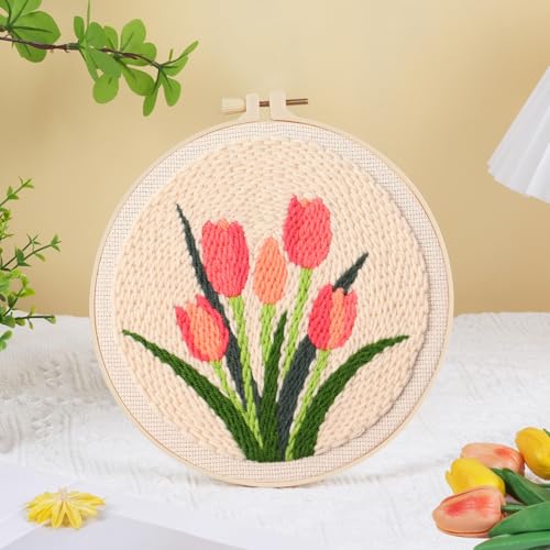 Image of KESTAR Punch Needle Embroidery Starter Kits, Pink Tulip Flower Punch Needle Kits for Adults Beginner, Needle Punch Kit Tool with Instruction Threader Fabric Yarns and Hoop