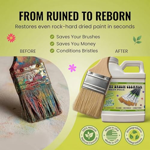 Image of Green Piece Paint Brush Cleaner & Restorer - 100% Natural, Non-Toxic Formula - Made in USA - Cleans Wet or Dry Paint - Safe for Hands - Works on Acrylic, Latex, Oil & Shellac - 18 Oz