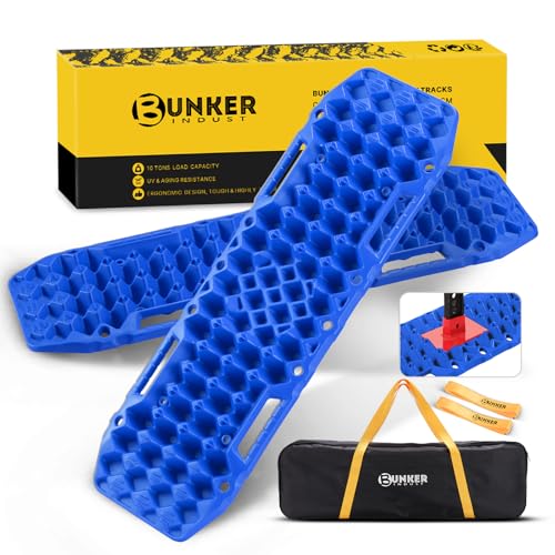 BUNKER INDUST Off-Road Traction Boards with Jack Base,Pair Recovery Track 4X4 Jeep Truck Emergency Tire Traction Mat with Bag -Sand, Mud, Snow Tracks Blue Traction Pad (Gen 7th)