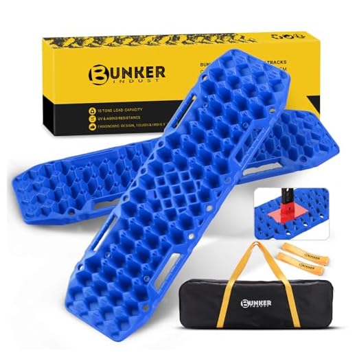BUNKER INDUST Off-Road Traction Boards with Jack Base,Pair Recovery Tracks Pads 4X4 Vehicle Truck SUV Car Emergency Tire Traction Mat with Bag/Leash -Sand,Mud,Snow Ladder Recovery Ramps(Blue)