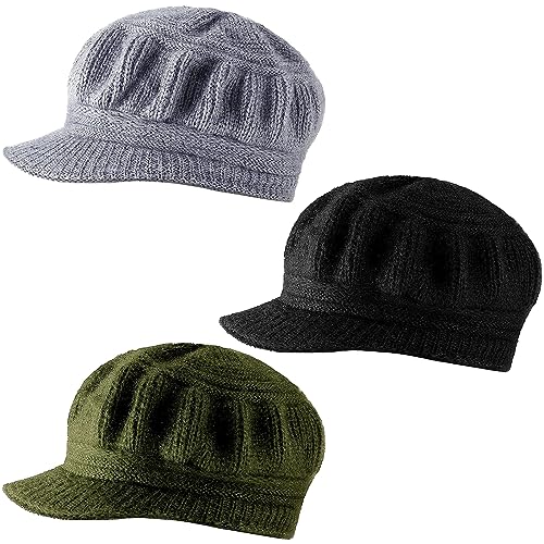 Mepase 3 Pieces Women Warm Hat for Winter Slouchy Beanie Cap with Visor Knitted Newsboy Hats for...