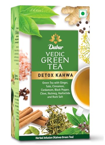 Image of Dabur Vedic Detox Kahwa Green Tea - 25 Teabags | Blend of 8 Real Ayurvedic Herbs & Rock Salt | Helps in Detoxification | Helps in Weight Loss | Boosts Metabolism & Improves Digestion | Ideal After Meal Beverage