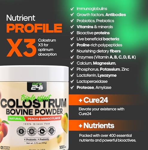 Image of Bovine Colostrum X3 Supplement Powder for Humans, 100% Pure Whole Natural Grass Fed Superfood, High IgG, Plus Probiotic & Prebiotic, Unflavored, Made in USA (Peach Mango)