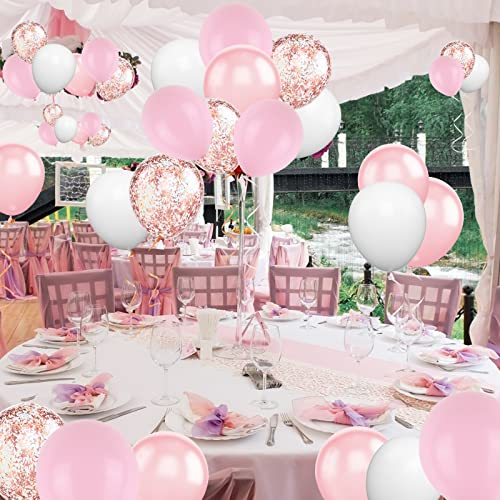 Image of Pink White Balloons, 60PCS Pink White Birthday Balloons, 12 Inch Metallic Pink Latex Balloons Rose Gold Confetti Balloons for Helium Party Balloons for Girls Birthday Wedding Baby Shower Decoration