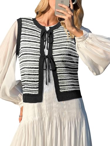 Image of Yousify Womens Tie Front Tops Chunky Sleeveless Sweaters Striped Summer Sweater Tanks ColorBlack Crop Cardigan Black L