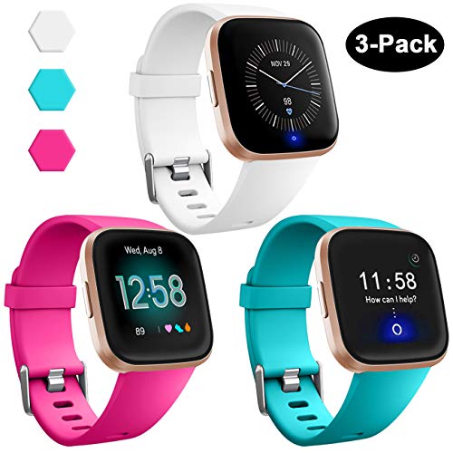 GEAK Sports Bands Compatible with Fitbit Versa/ 2/Lite,Soft Waterproof Wristbands Accessories Compatible with Fitbit Versa Smartwatch for Women Men,3 Pack,Small White/Rose/Teal
