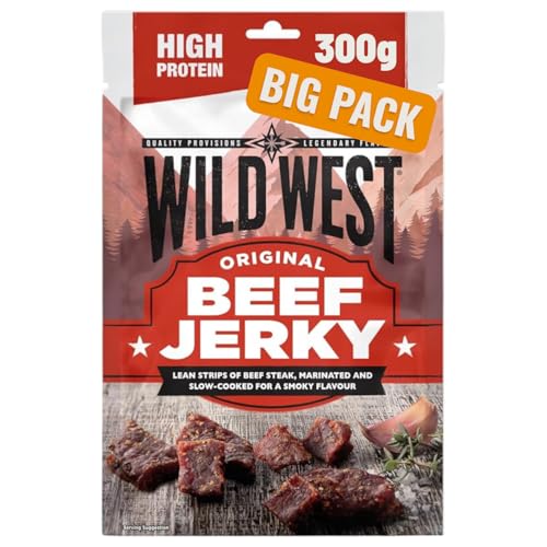 Wild West Beef Jerky, 300 g Original, carne seca altamente proteica, snack proteico Beef Jerky, cecina de vaca