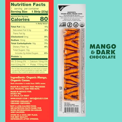 Image of SOLELY - Organic Mango Chocolate Drizzled Fruit Jerky - 1 Individually Wrapped Fruit Strip - Fruit Leather Made from Dried Fruit - Healthy Snacks for Adults & Kids - Vegan - 0.8oz (23g)
