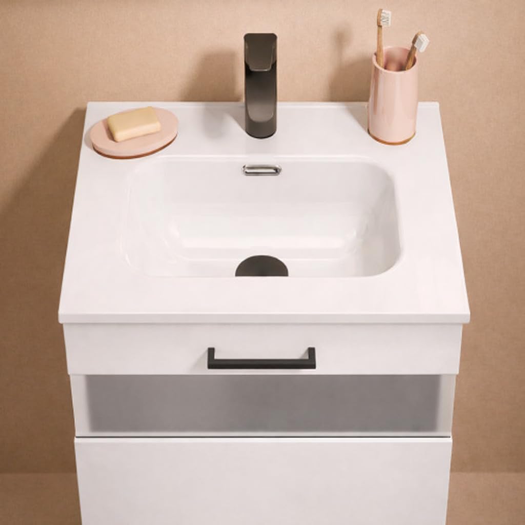 Baikal Mueble de Baño Win. Mueble MONTADO. 2 Cajones + Puerta Abatible con Vitrina. Patas Negras. Armario de Baño. Lavabo Ceramico. Altura 75cm. Fondo 39cm. Ancho 50cm Blanco