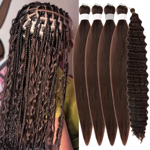 Dark Brown Braiding Hair Pre Stretched Color 4 Boho Hair for Braiding ez Braid Non Toxic Synthetic Crochet Boho Braids Deep Wave Curls Knotless Twist