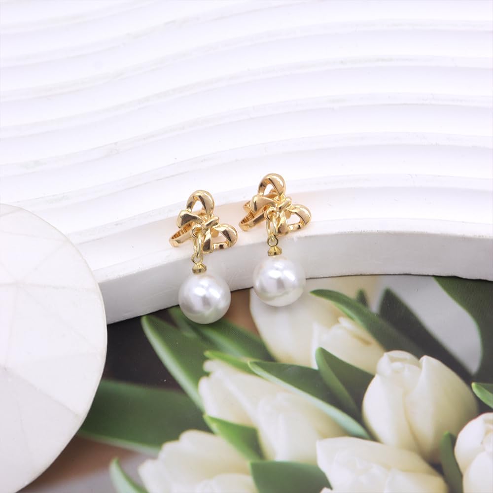 Sweet Pearl Bow Clip On Earrings for Women, Dainty 14K Gold Bowknot Pearl Drop Statement Earrings Trendy Non Piercing Ear Jewelry Accessories Gifts - Image 7