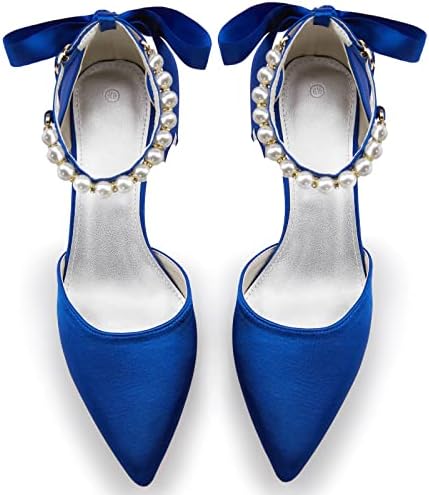 Coutgo Womens Pearl Ankle Strap Pumps Low Kitten Heel D'Orsay Satin Back Tieknot Heels Pointed Toe Wedding Party Dress Shoes | Image 3