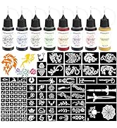 PFARRER Temporary Tattoo Kit 8 Bottles Color Temporary DIY Tattoo Ink,105 Pcs Stencils Kit for Bo...