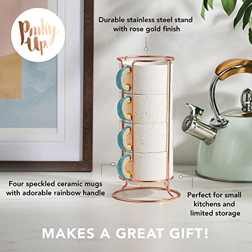 Pinky Up Arc Mugs, Stacking Speckled Ceramic Coffee Cups With Cute Rainbow Handles And Rose Gold Metal Stand, 10 Oz, Set Of 4 #TOP1
