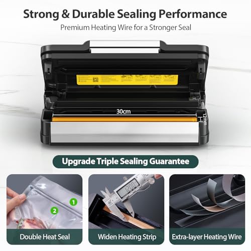 90Kpa Powerful Vacuum Sealer, with 10-in-1 Functions,Double Seal & Double Pump,Built-in Cutter&Hose,Handle-Ease Design, Vacuum Sealer Machine for Food with Bags Storage, Stainless Steel