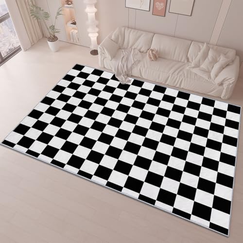 Alfombra Negro Blanca Franela Decoración De Habitación Suave Peluda, 140 x 200 cm Alfombra Dormitorio De Niños Sala Estar, Simple Geométrico Cuadros Antideslizante Alfombrilla