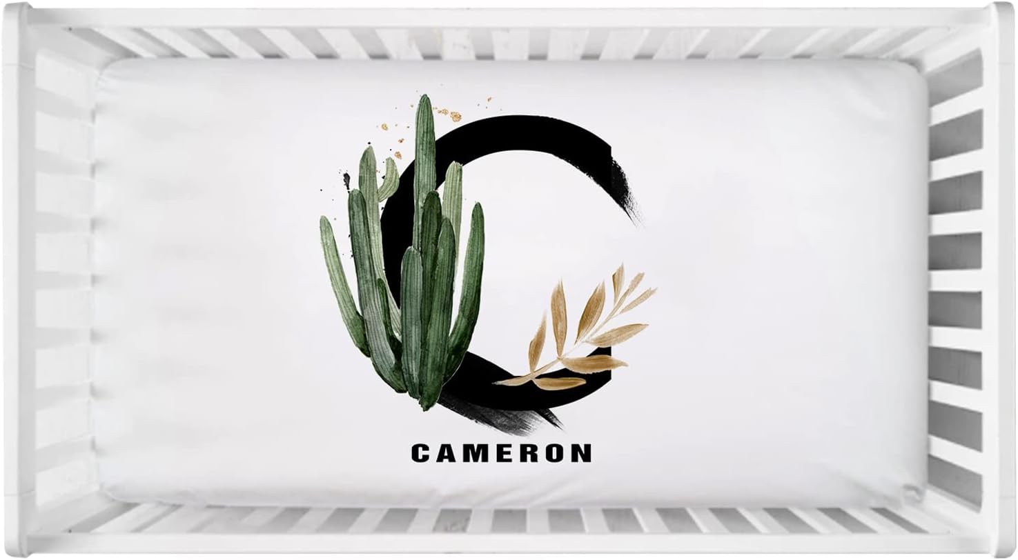Boho Watercolor Tropical Leaves Letter Baby Crib Sheet Set, Personalized Fitted Crib Bedding Sheet Set, Letter Crib Mattress Sheets for Baby Boys Girls, Standard Name Crib Sheet Set
