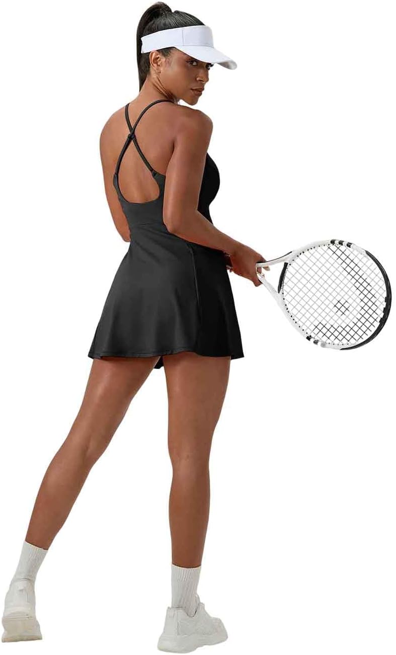 Women's Sports Dress with Shorts, Support Bra & Two Pockets Adjustable Thin Spaghetti Straps for Tennis, Golf