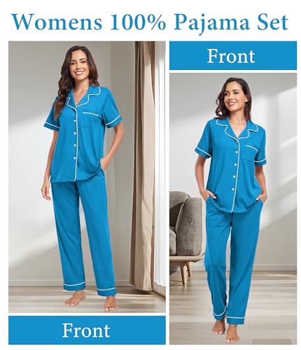 Image of CF Womens 100% Cotton Pajamas Set Button Down Pjs Sets Short Sleeve Top & Long Pants Sleepwear Comfy Loungewear with Pockets