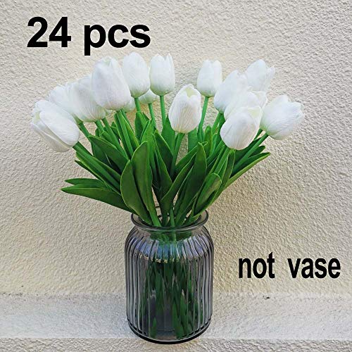 Awtlife 24 pcs Artificial Flowers Fake Flower Tulip Latex Real Touch for DIY Bouquets Wedding Party Bridal Baby Shower Home Decor White - Image 3