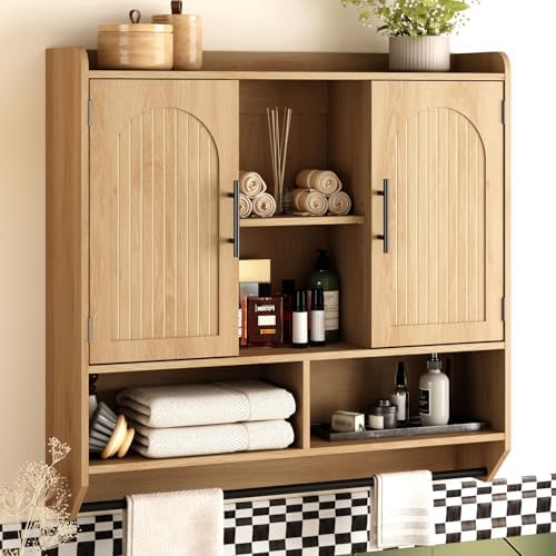 RUSTOWN Fluted Bathroom Wall Cabinet with Arched Doors & Adjustab...