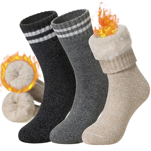 DoSmart Womens Warm Thermal Socks Winter Ski Extra Thick Insulated Heated Crew Boot Socks for Cold Weather 3 Pairs(Black/Khaki/Grey)