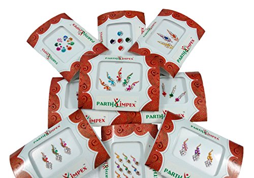 PARTH IMPEX Fancy Indian Bindi (Pack of 10) Assorted Size Multi Color Distinct Designs Bollywood Forehead Long Round Reusable Rhinestone Glitter Sparkling Body Tattoo Art Sticker