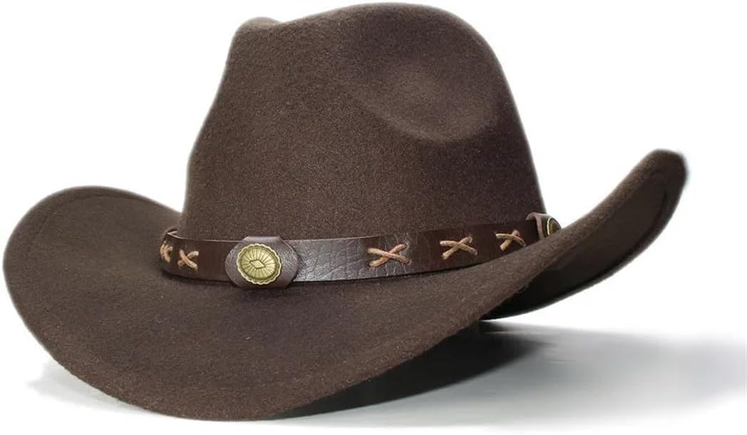 Wool Felt Wide Brim Cowboy Western Cowgirl Bowler Hat Fedora Cap Coffee Alloy Bead Leather Band 54Cm/Adjust