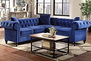 ANTIQUE WOOD ART Modern and Elegant 5-Seating L-Shaped Sectional Sofa with Rolled Arms in Velvet Traditional Chesterfield Sofa Set for Living Room, Office, and Dining Room and Hallway=(Blue).