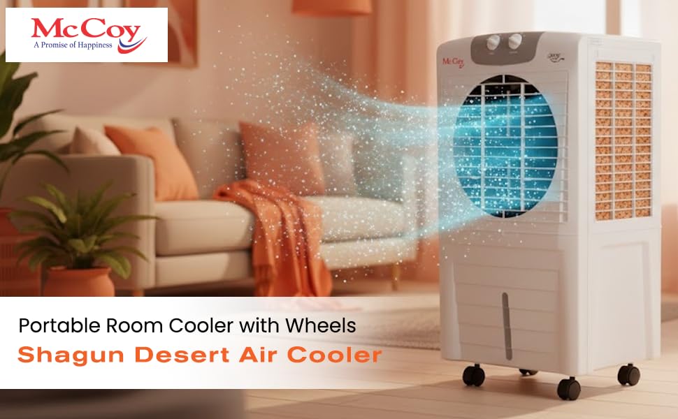 Image of McCoy Shagun Desert Air Cooler | Portable Room Cooler with Wheels | 75L Water Tank Capacity | Multiple Speed Control | Honeycomb Cooling Pad | 225W | Ice Chamber | White