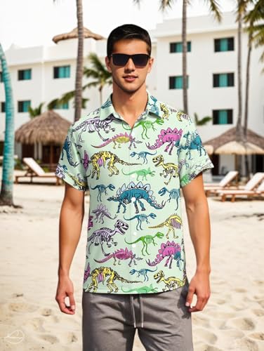 DRESSFO Couple Matching Hawaiian Outfits Cute Dinosaur Print Sleeveless Mini Dress or Men's Vocation Roll Up Sleeve Shirts2
