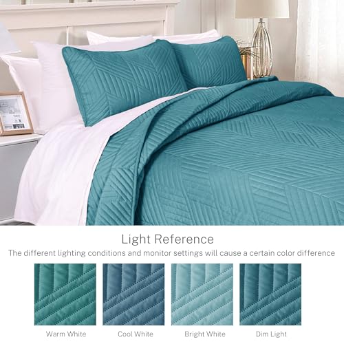 Exclusivo Mezcla Ultrasonic Full Queen Quilt Bedding Set, Lightweight Teal Bedspreads Soft Modern Geometric Coverlet Set for All Seasons (1 Quilt and 2 Pillow Shams)