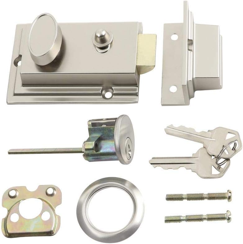 Defiant Satin Nickel Deadbolt Lock with Night Latch, Holdback Button Single Cylinder Rim and Two Keys - Heavy Duty Defender Security Door Lock Hardware