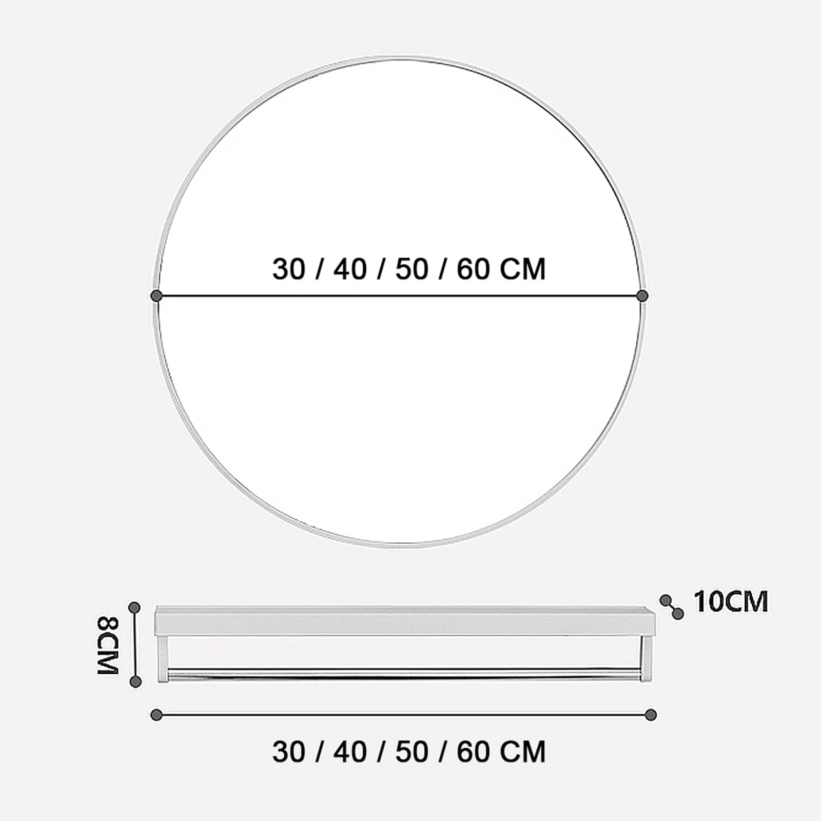 Okrągłe metalowe lustro łazienkowe z półką, dekoracyjne lustro ścienne do wystroju domu, dostępne w rozmiarach 30/40/50/60/70 cm, stylowy i funkcjonalny element akcentujący