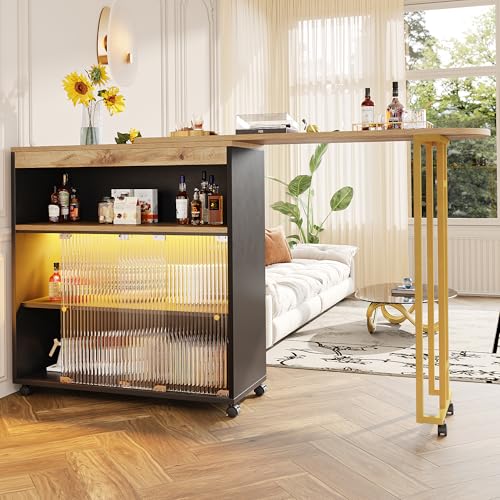 Moderna mesa de bar móvil, mesa de bar extensible con espacio de almacenamiento, mesa de bar telescópica con LED, mesa alta de bistró, mesa alta (138-204 x 39 x 105 cm), color negro
