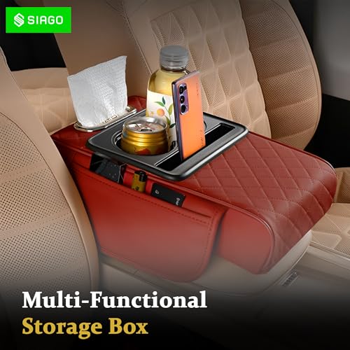 Image of SIAGO SIA399 Premium Car Armrest Cover | 5-in-1 Center Console Organizer with Cup Holder, Phone Slot, & Storage Bags | Anti-Slip PU Leather Cushion for Sedans & SUVs (Red)