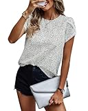 PRETTYGARDEN Women's Shirts Summer Casual Crewneck Lace Crochet Short Sleeve Blouses Cute Floral Print Loose Tunic Tops(X-Large,Dot Black White)